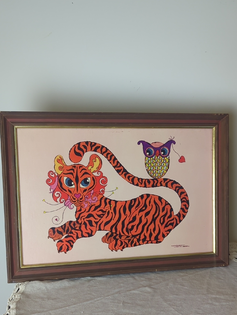 Vintage 1960s Margot Johnson Tiger & Owl Pop Art Print Whimsical Wall Decor
